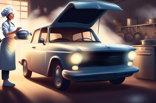 A chef holding a pot of soup while standing in the garage looking at a car with the hood open.
