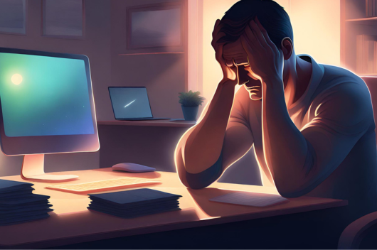 Image shows a solopreneur working at his desk and illustrating the potential loneliness of a one person business model. 