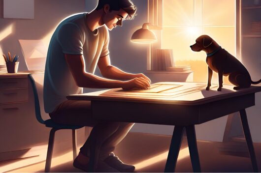 A young man setting up his home office to create a comfortable work environment for his one person business model. 