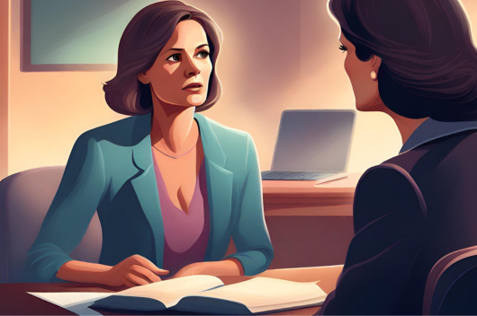 Woman talking with her attorney so she understands the rules of starting a one person business model. 